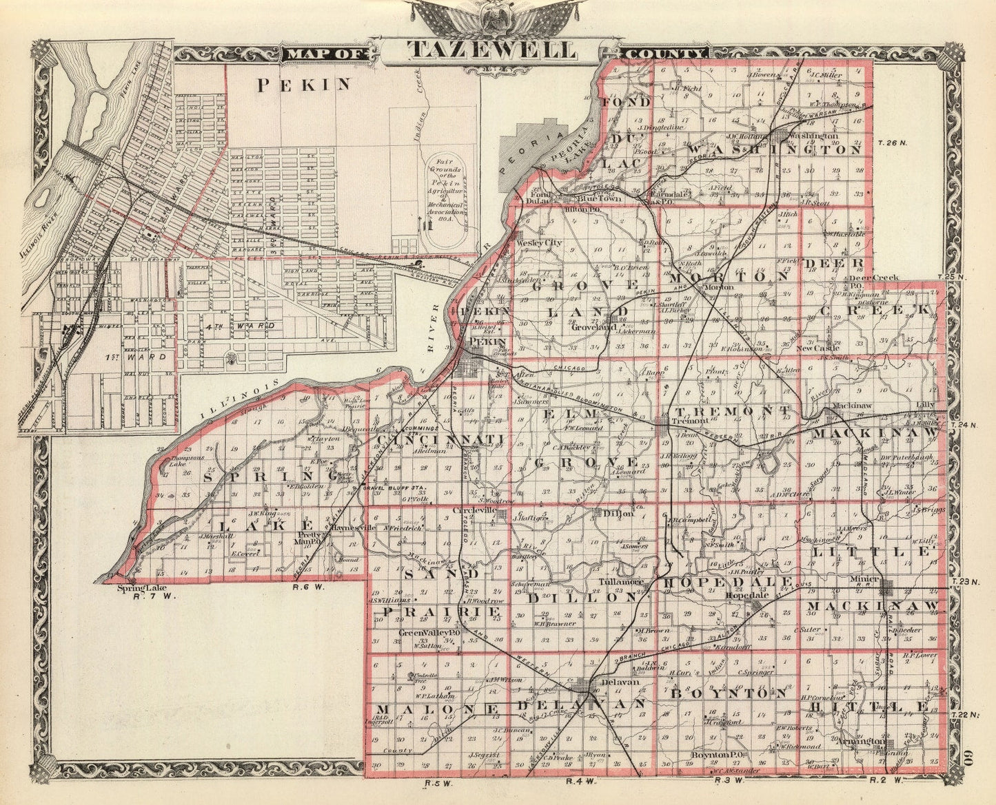 Vintage Map of Tazewell County, Illinois 1876