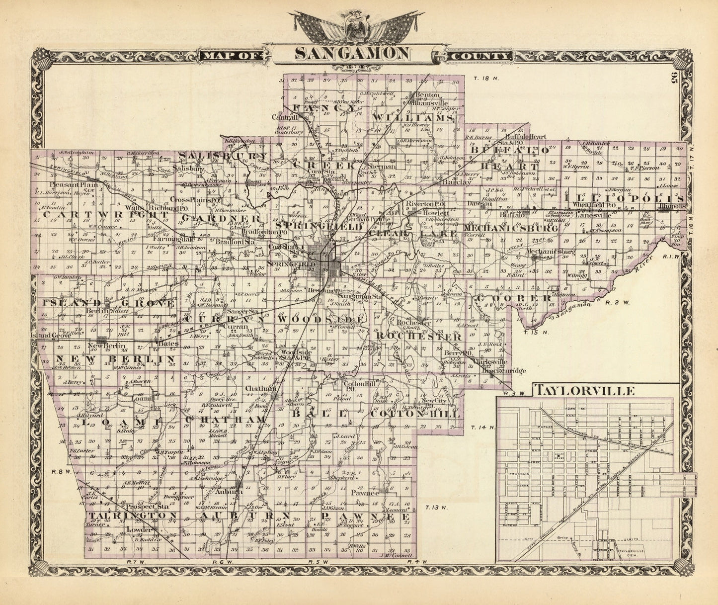 Vintage Map of Sangamon County, Illinois 1876