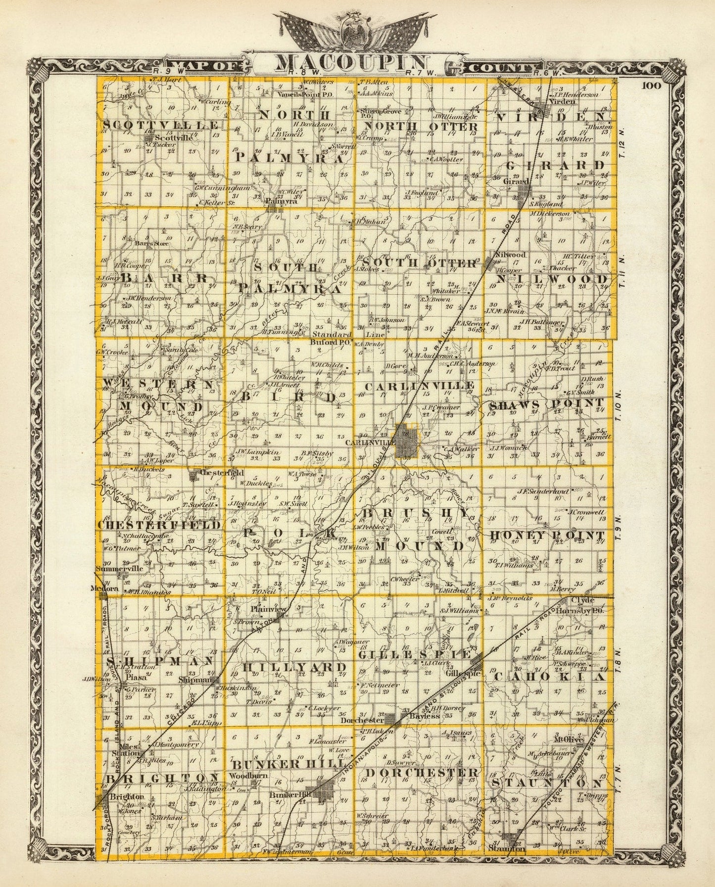 Vintage Map of Macoupin County, Illinois 1876