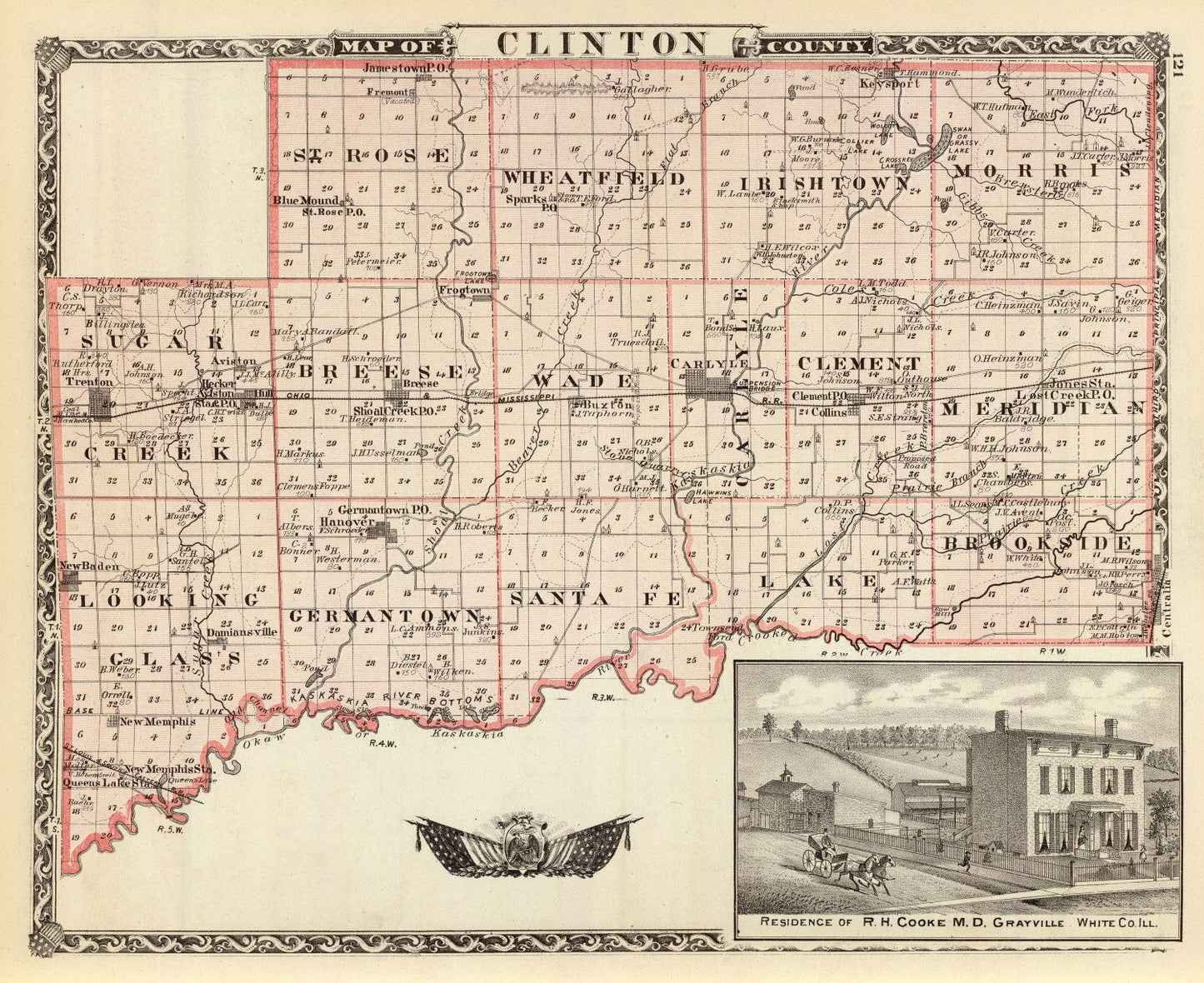 Vintage Map of Clinton County, Illinois 1876
