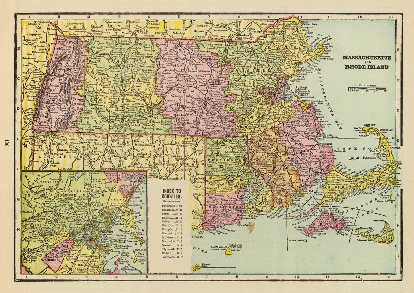 Vintage Map of Massachusetts & Rhode Island 1909