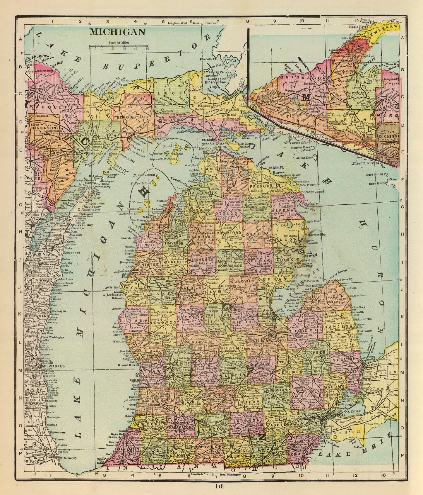 Vintage Map of Michigan 1909