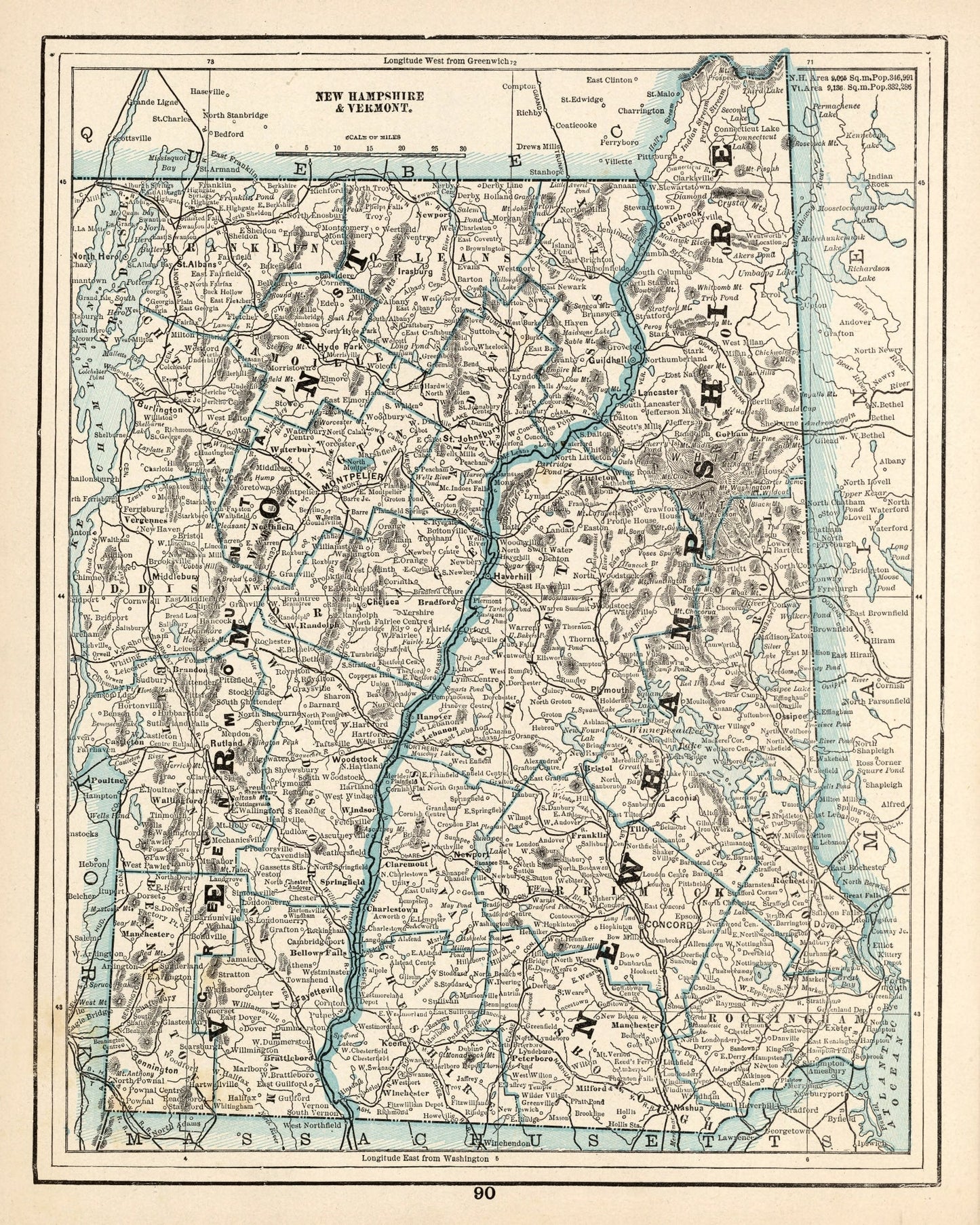 Vintage Map of New Hampshire & Vermont 1893