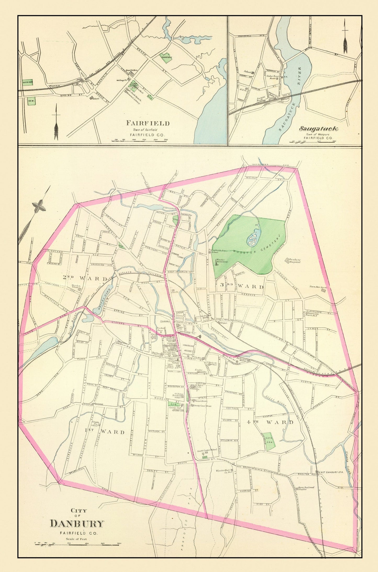 Vintage Map of Danbury, Connecticut 1893