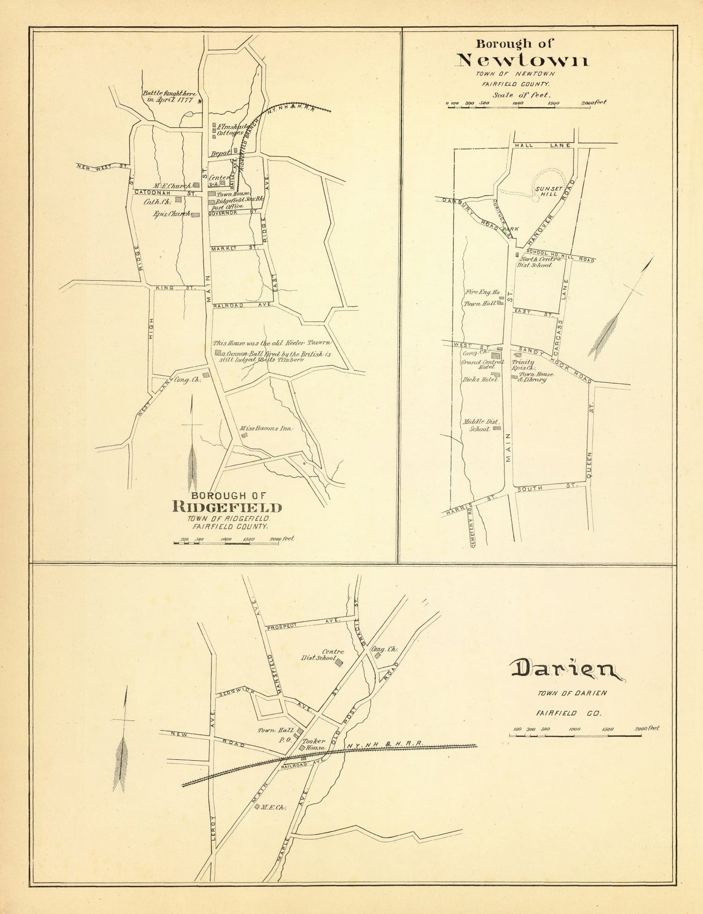 Vintage Map of Newtown, Connecticut 1893