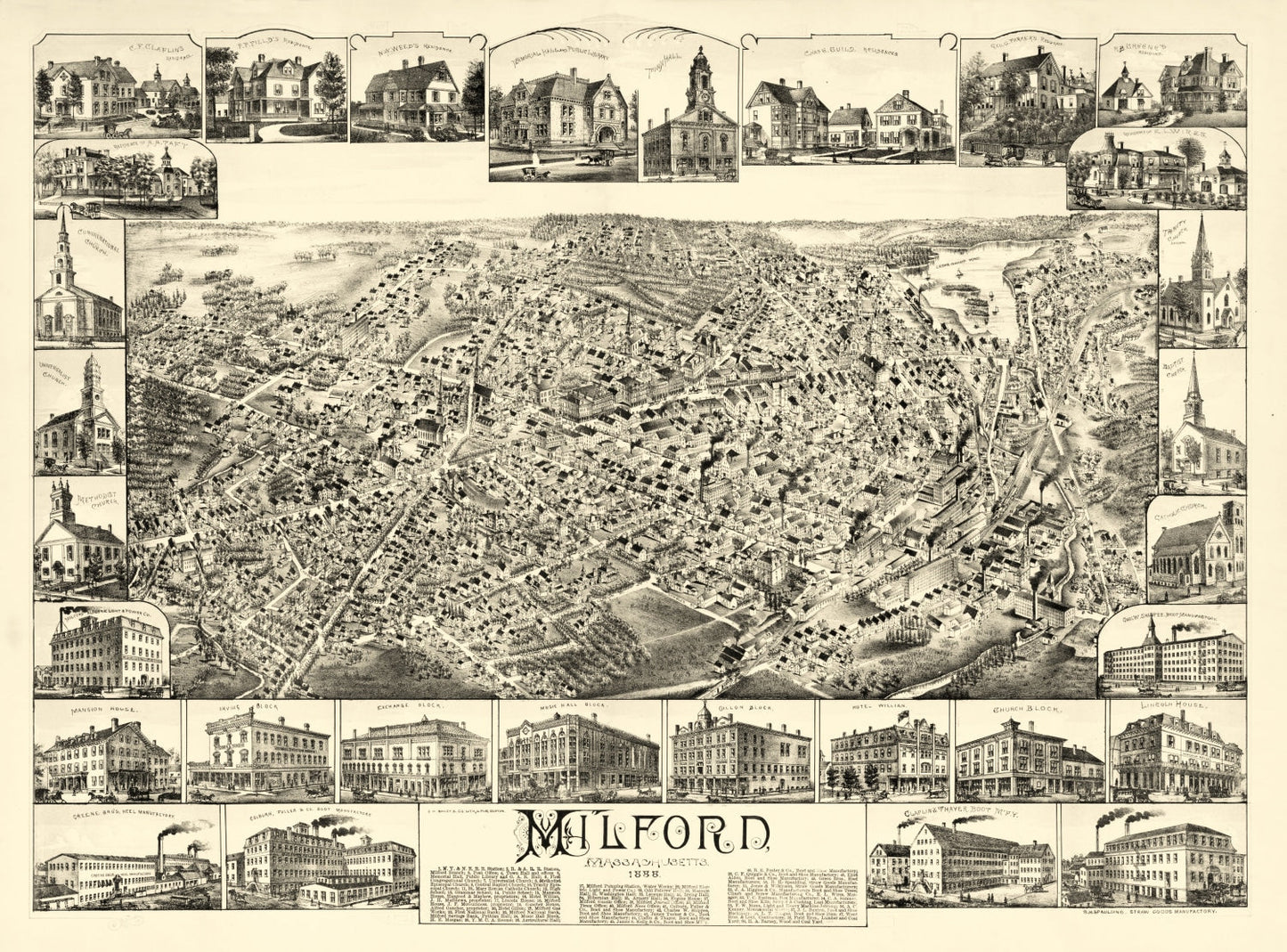 Vintage Map of Milford, Massachusetts 1888
