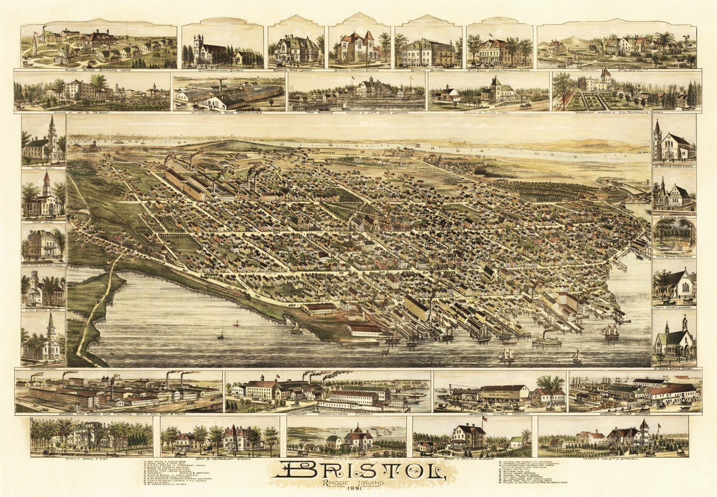 Vintage Map of Bristol, Rhode Island 1891