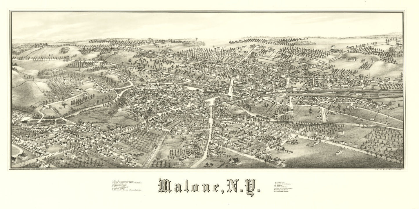 Vintage Map of Malone, New York 1886