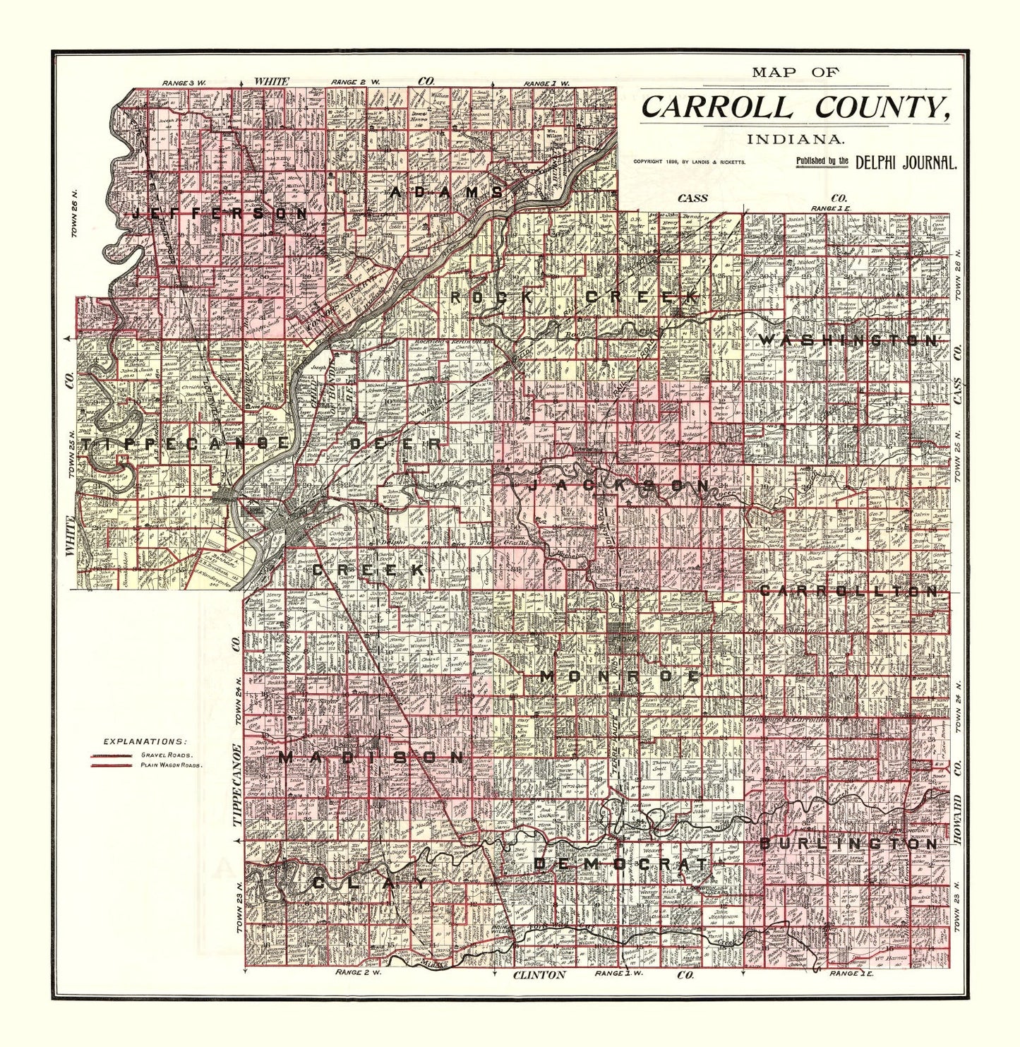 Vintage Map of Carroll County, Indiana 1898