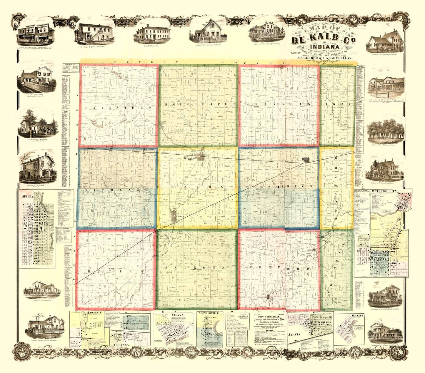 Vintage Map of Dekalb County, Indiana 1863