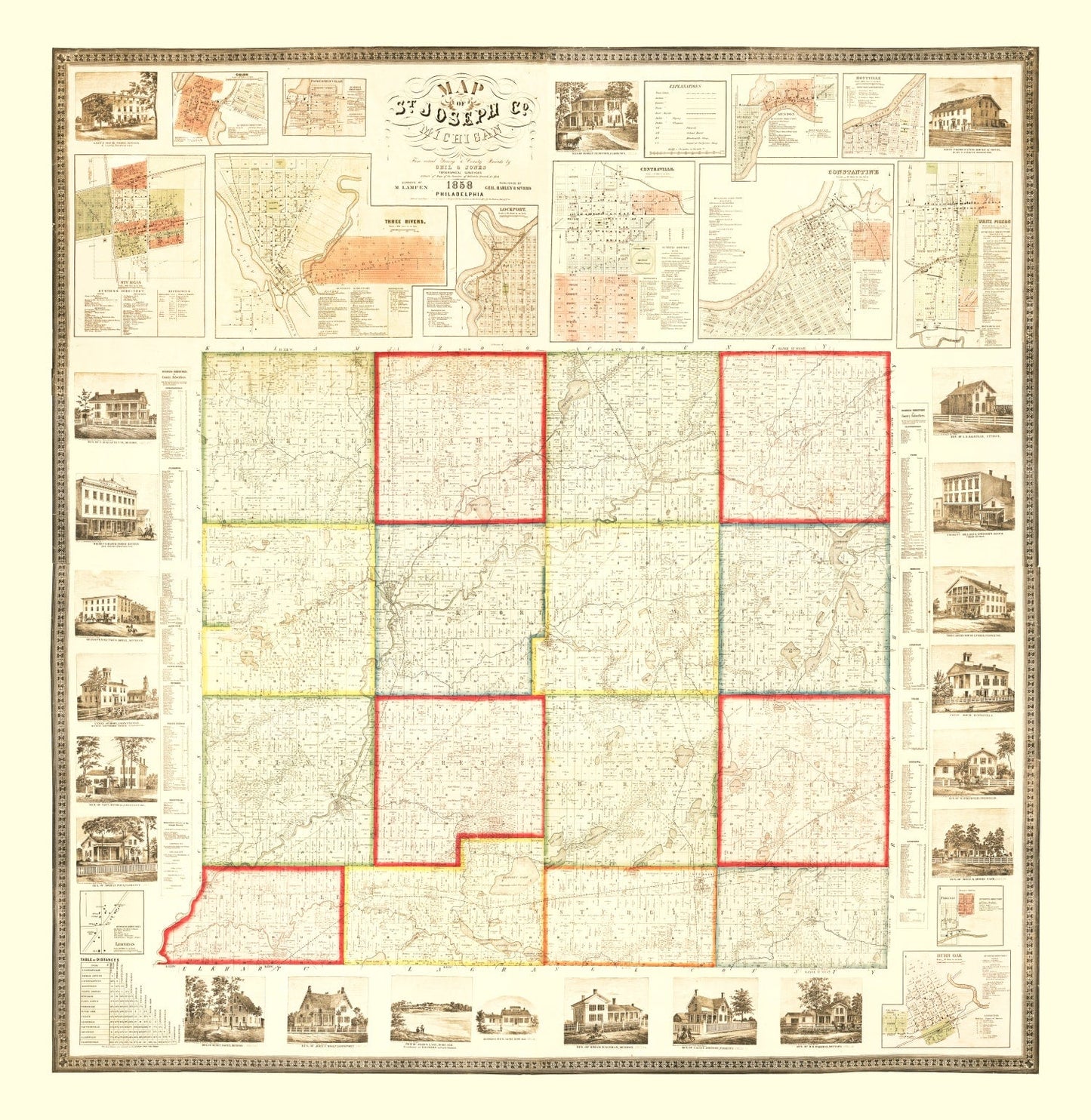Vintage Map of St. Joseph County, Michigan 1858