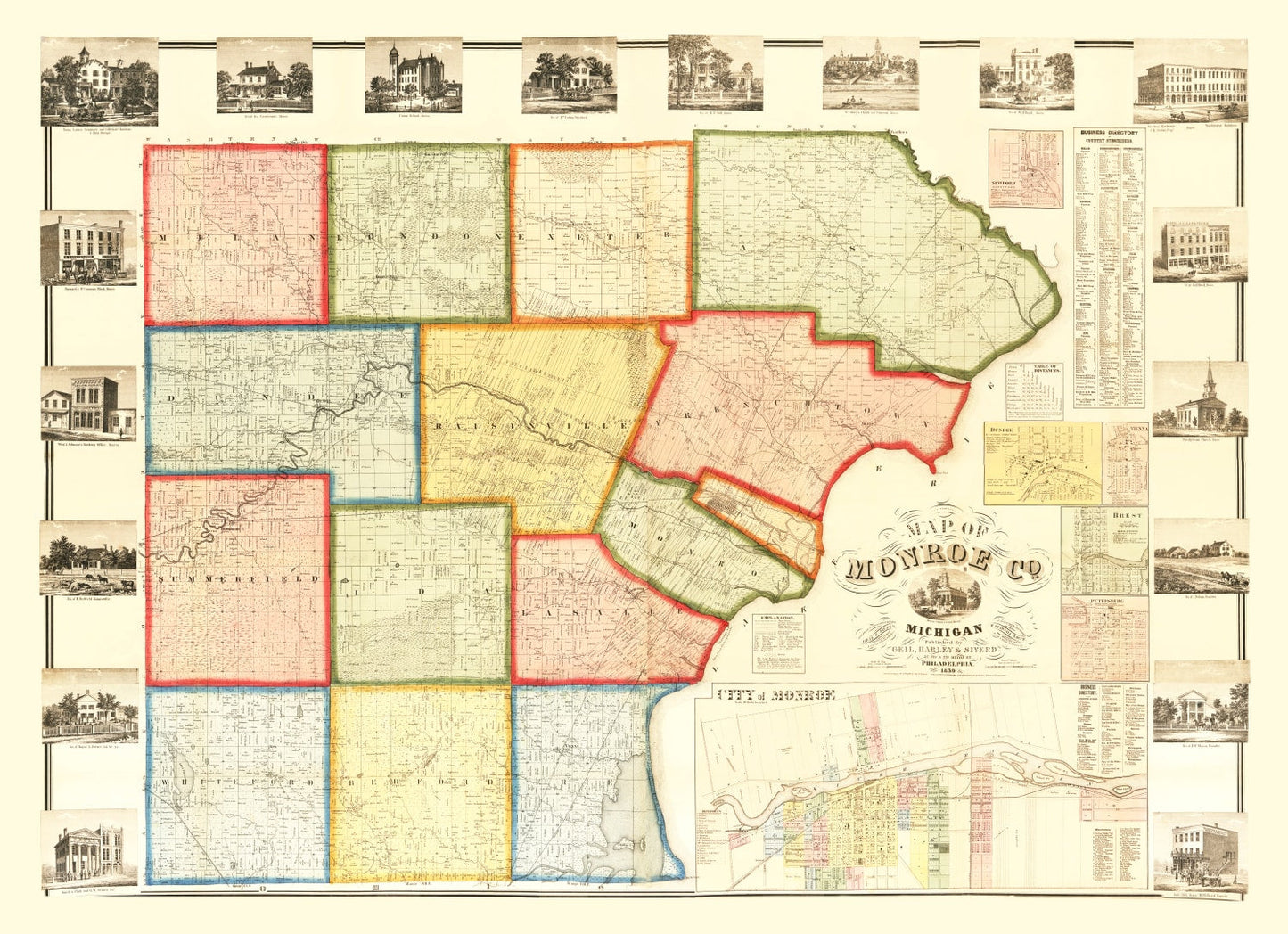 Vintage Map of Monroe County, Michigan 1859