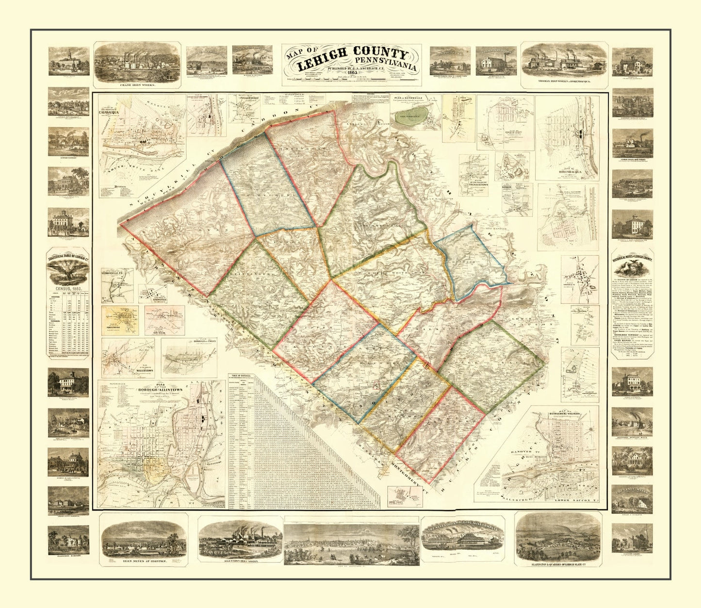 Vintage Map of Lehigh County, Pennsylvania 1865