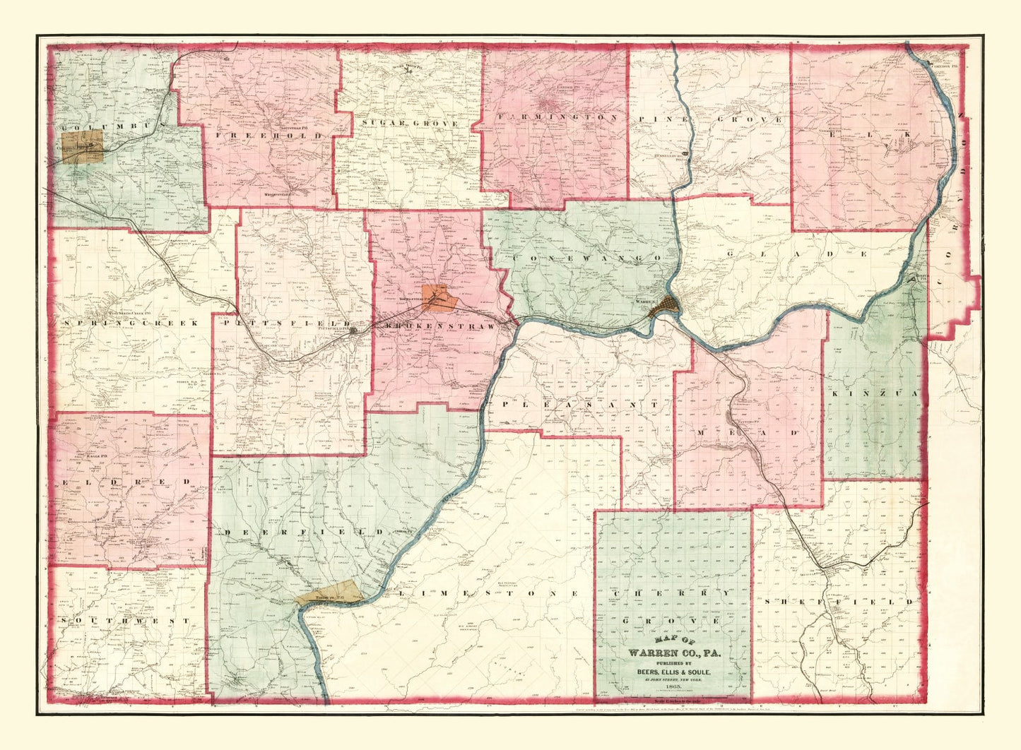 Vintage Map of Warren County, Pennsylvania 1865