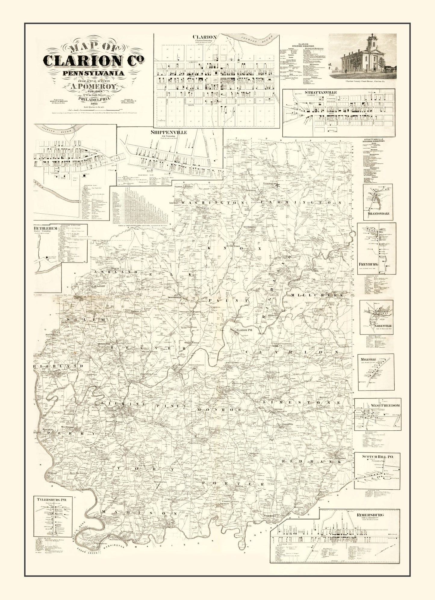 Vintage Map of Clarion County, Pennsylvania 1865