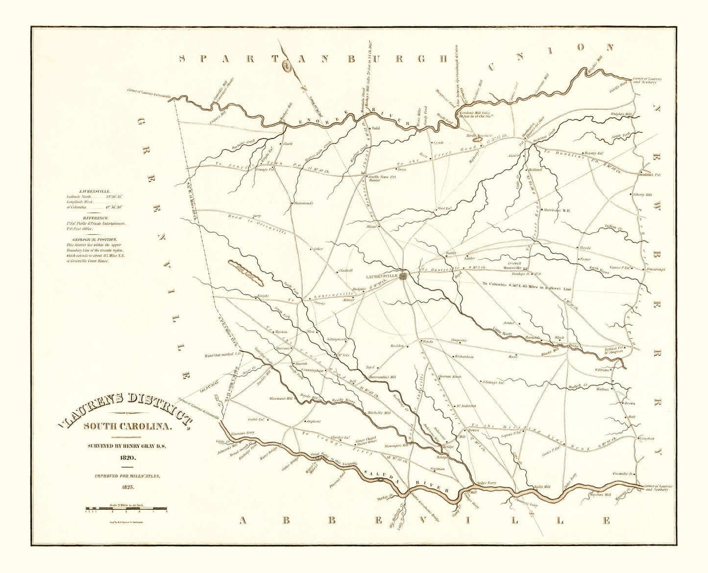 Vintage Map of Laurens County, South Carolina 1825