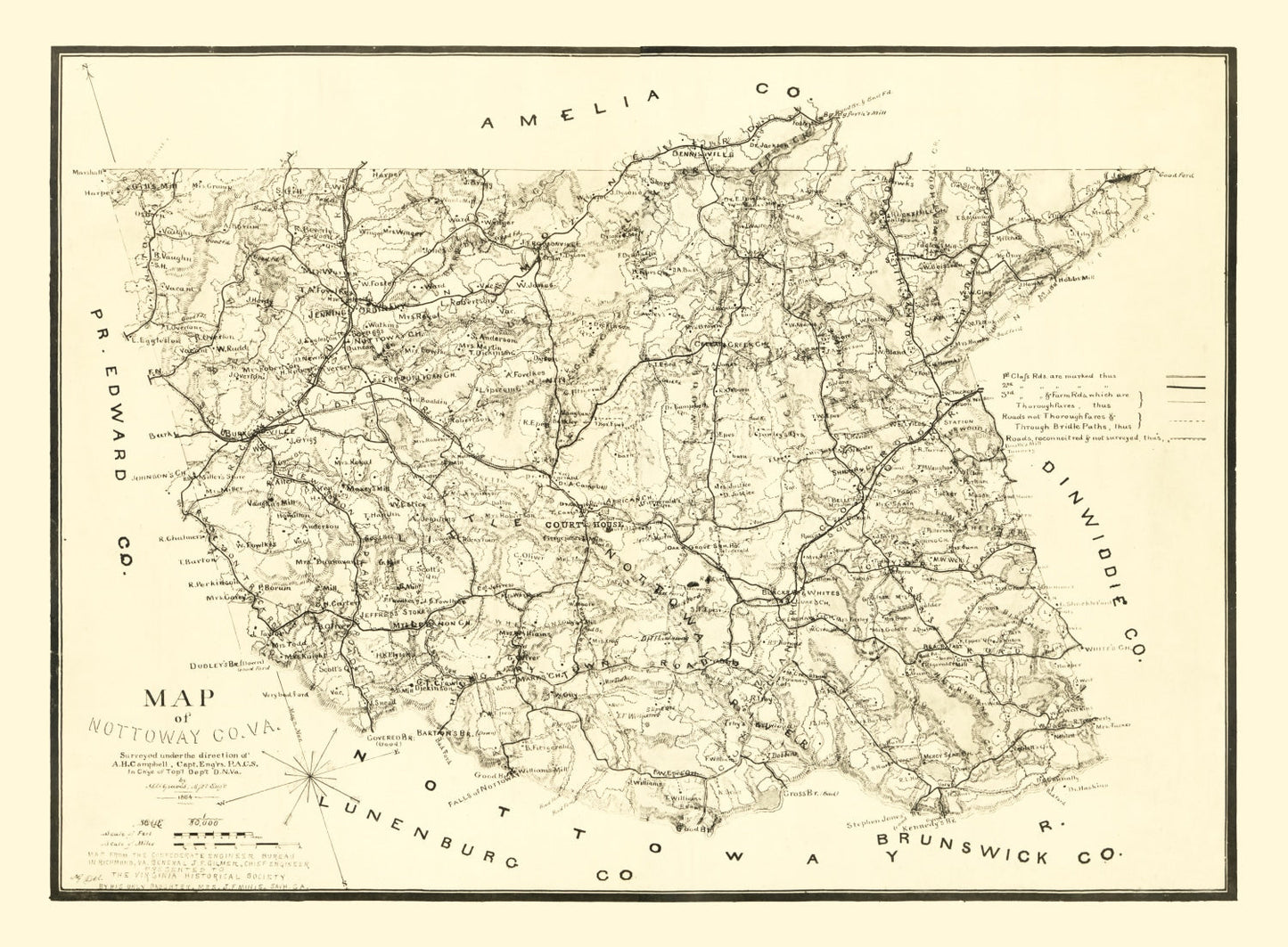 Vintage Map of Nottoway County, Virginia 1864