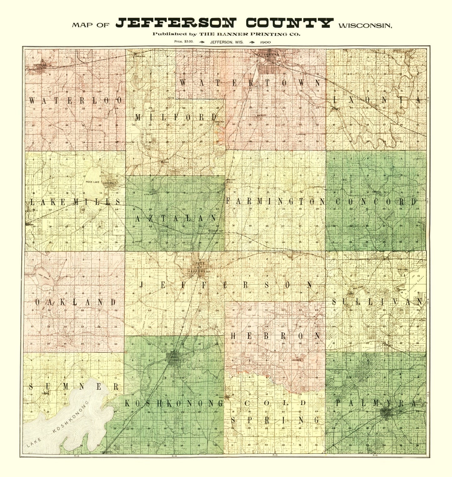 Vintage Map of Jefferson County, Wisconsin 1900