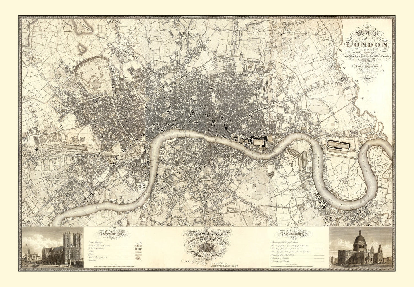 Vintage Map of London, England 1827