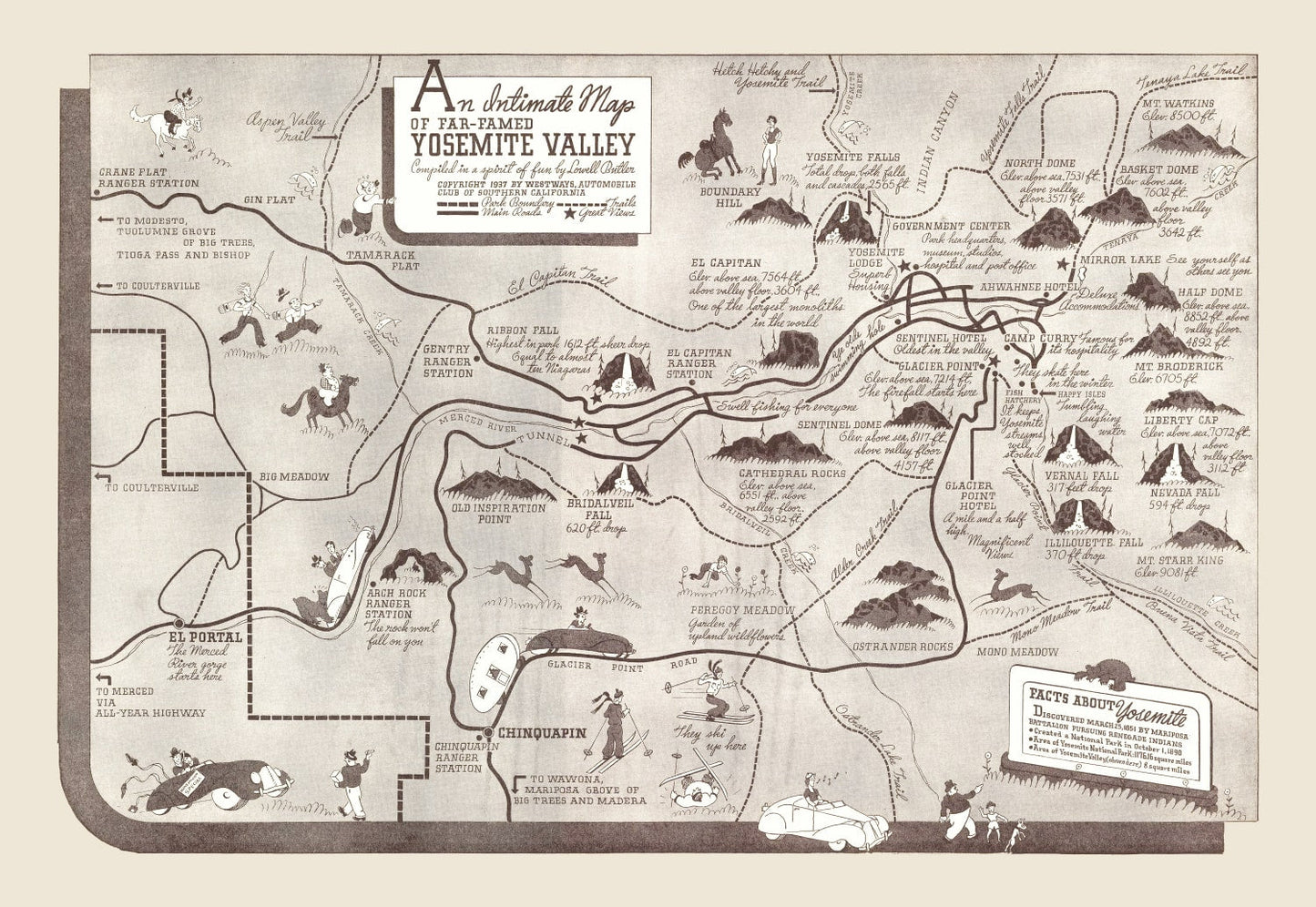 Vintage Map of Yosemite Valley 1937
