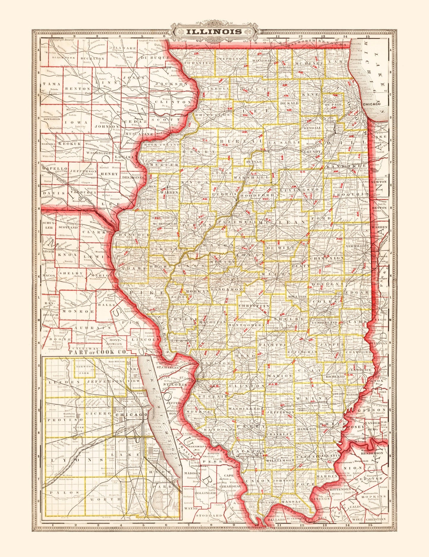 Vintage Map of Illinois 1882