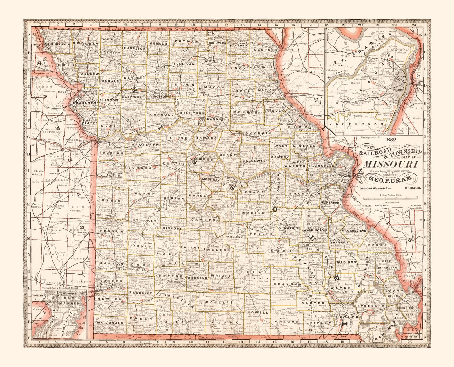 Vintage Railroad Map of Missouri 1882