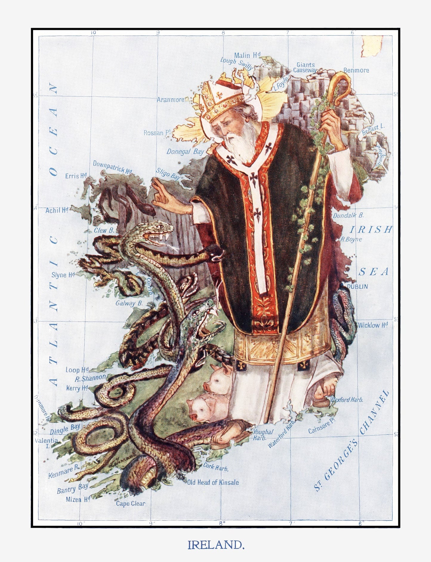Vintage Ireland Map of St. Patrick & Reptiles 1912