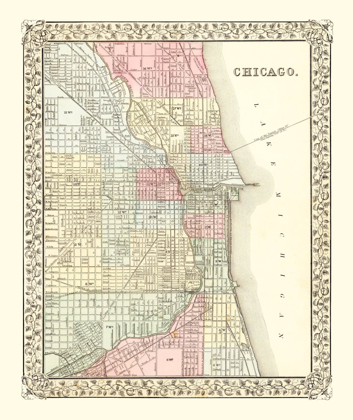 Vintage Map of Chicago, Illinois 1870