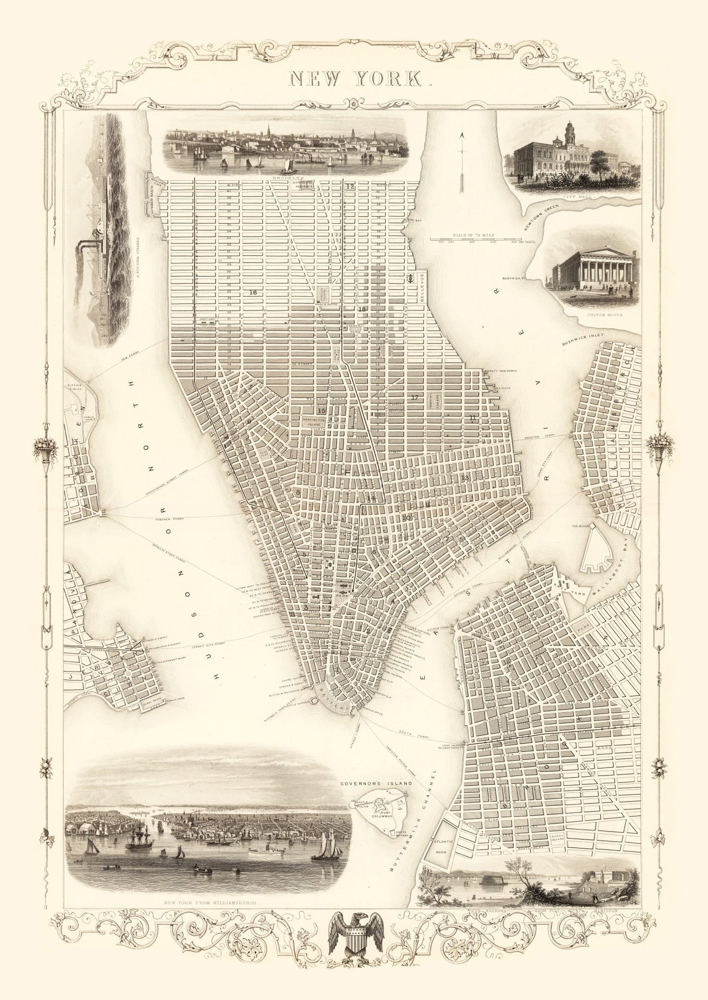 Vintage Map of New York City, New York 1851