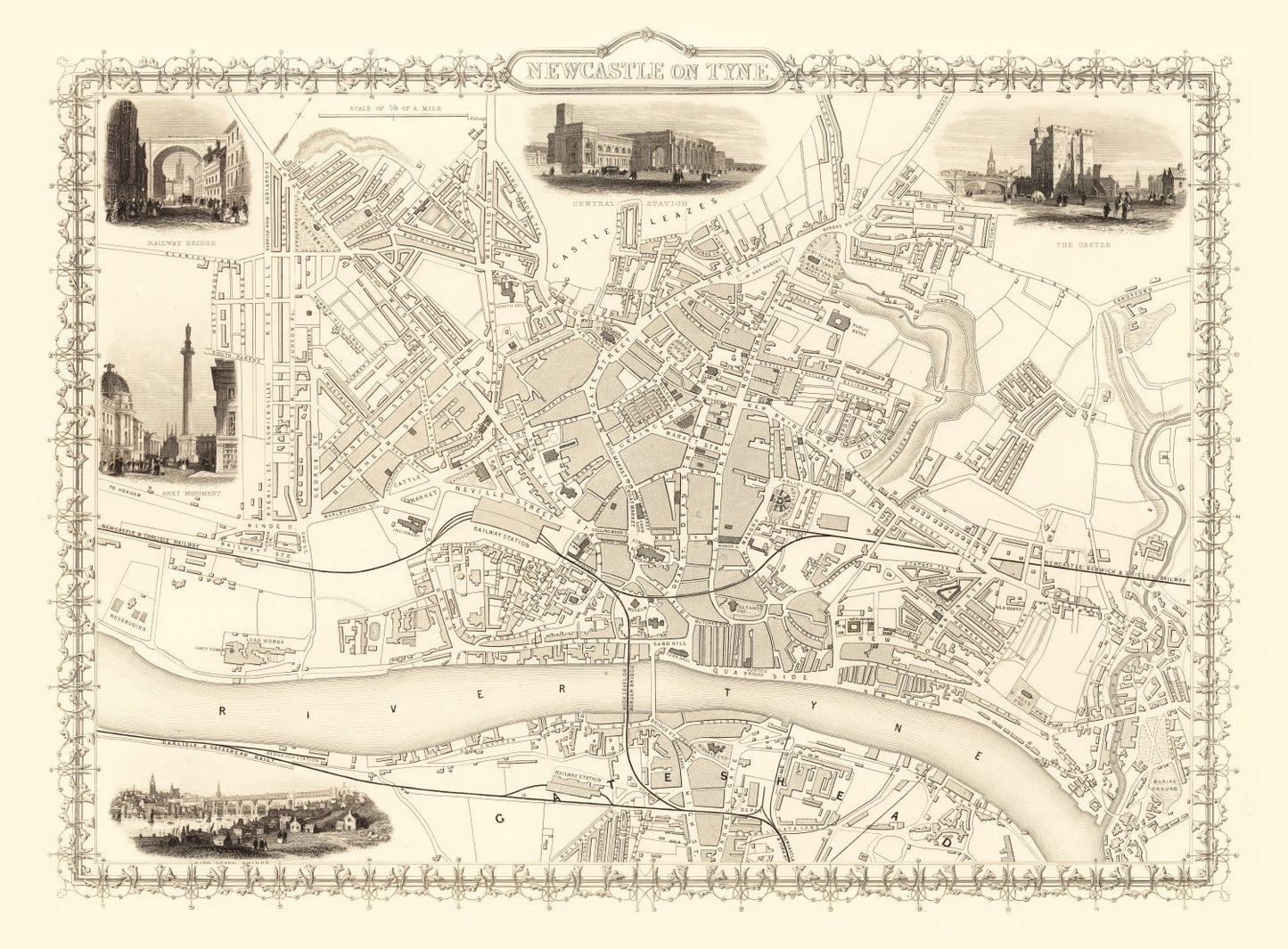 Vintage Map of Newcastle on Tyne, United Kingdom 1851