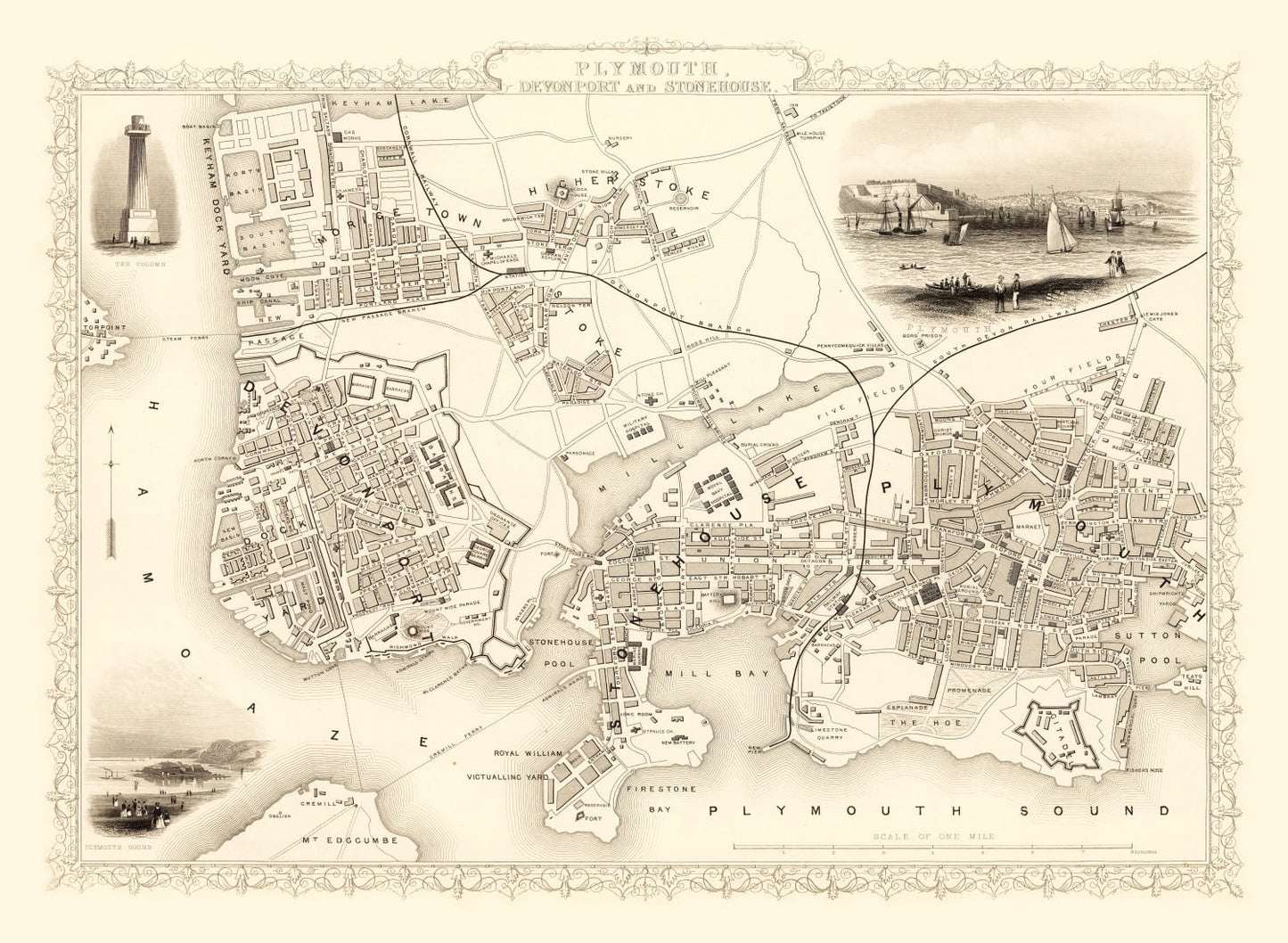 Vintage Map of Plymouth, United Kingdom 1851