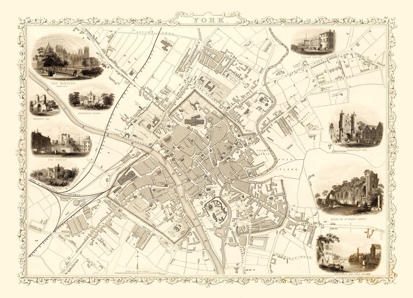 Vintage Map of York, United Kingdom 1851