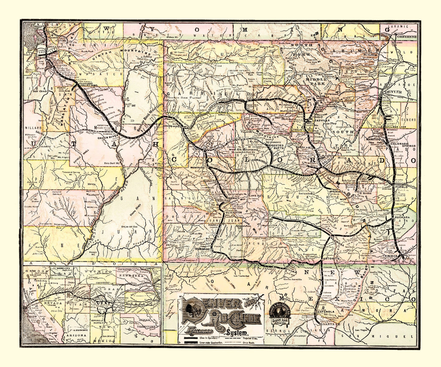 Vintage Map of Denver & Rio Grande Railroad System 1883