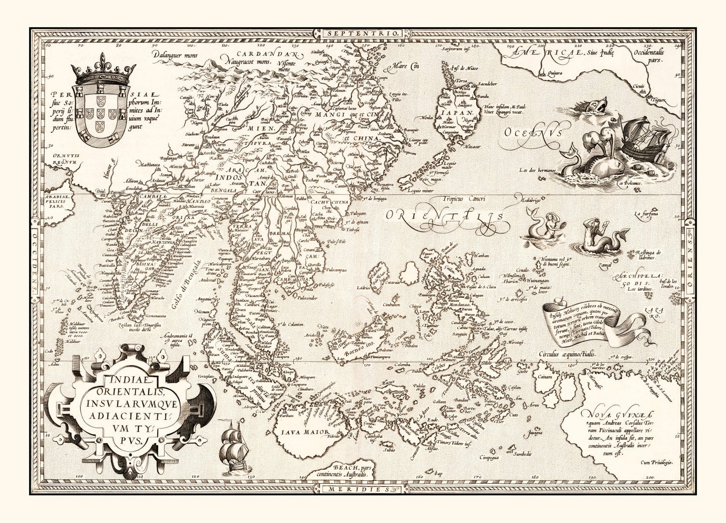 Vintage Map of India, Japan, China & Indonesia 1570