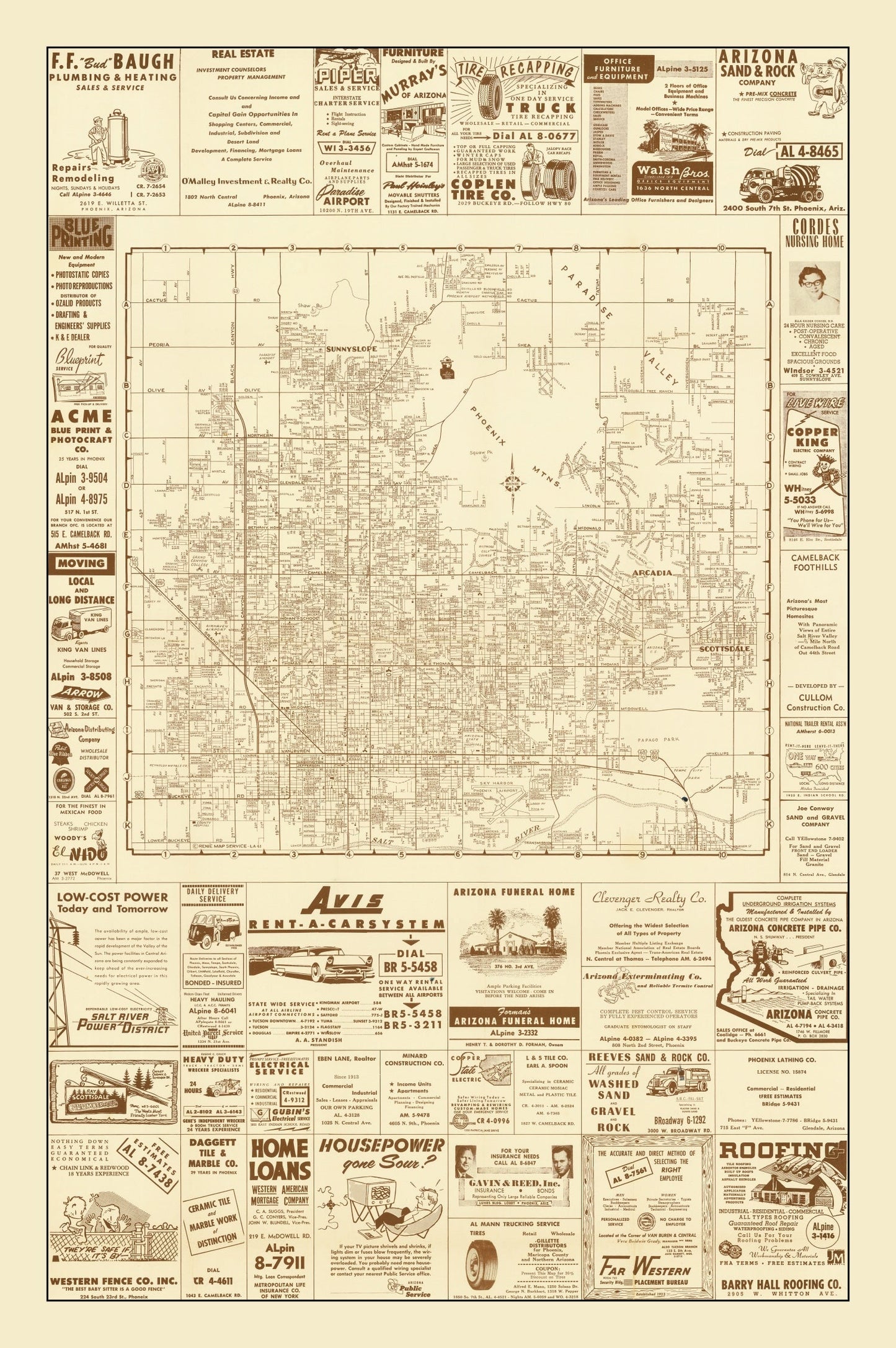 Vintage Map of Phoenix, Arizona 1956
