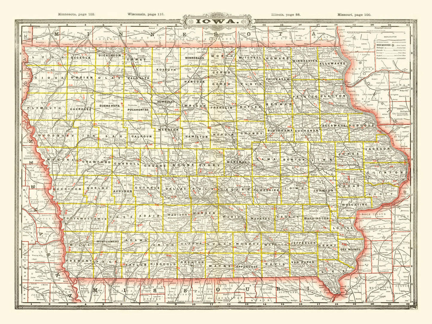 Vintage Map of Iowa 1888