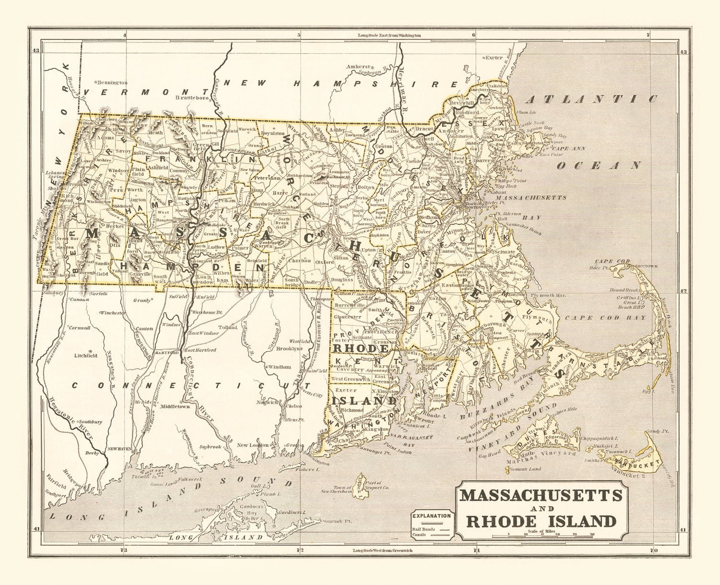 Vintage Map of Massachusetts 1842