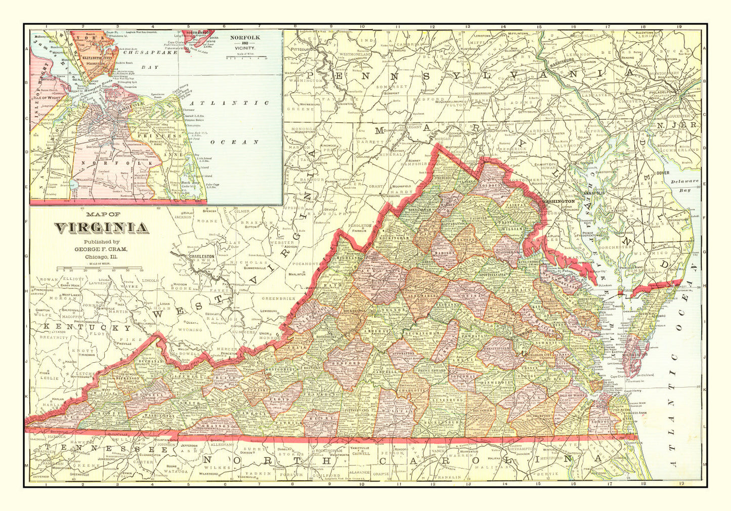Vintage Map of Virginia 1908