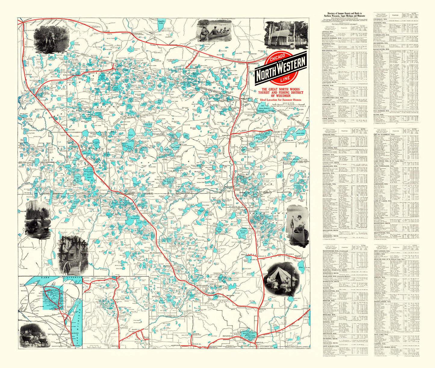 Vintage Map of Wisconsin North Woods Lakes, 1922