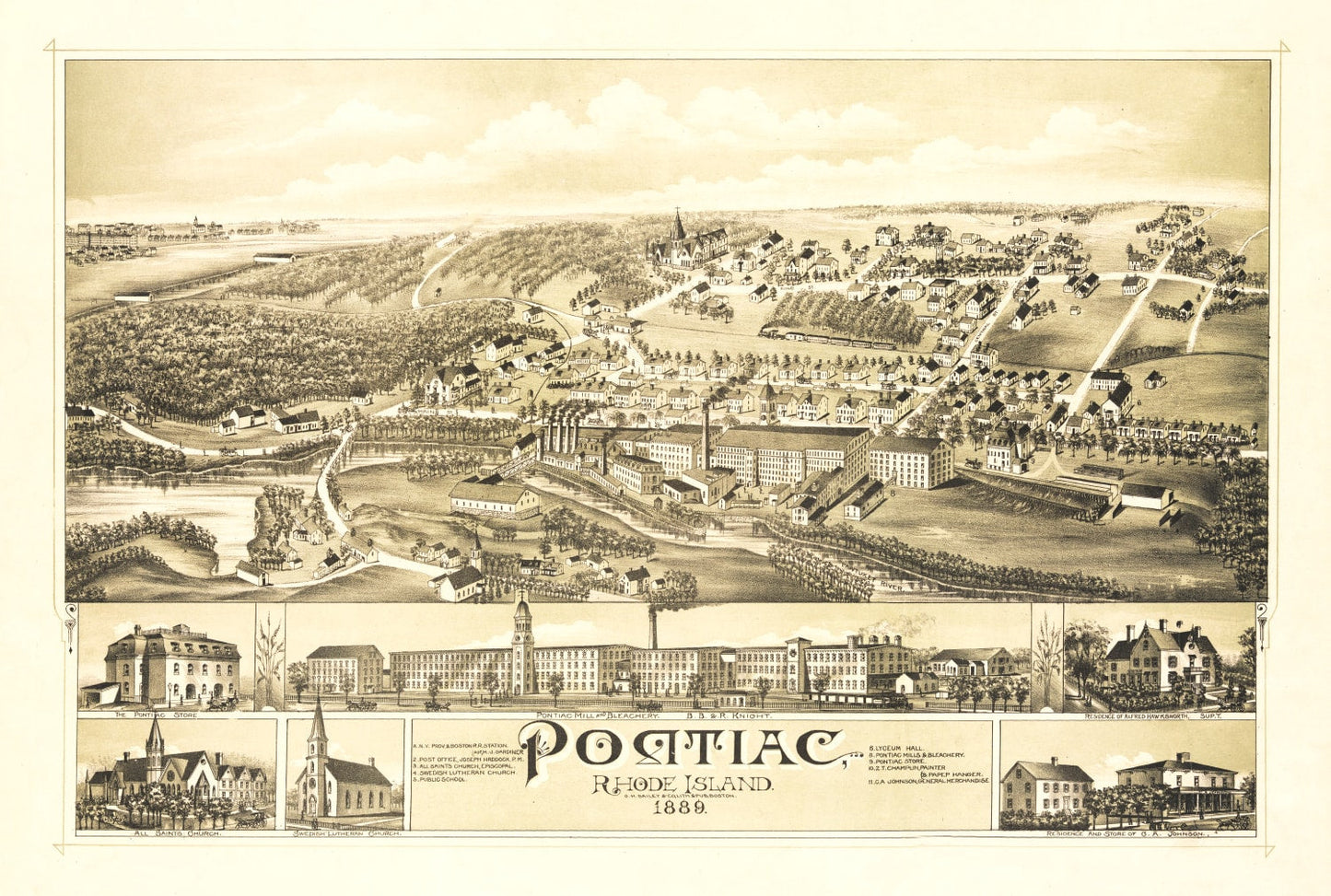 Vintage Map of Pontiac, Rhode Island 1889