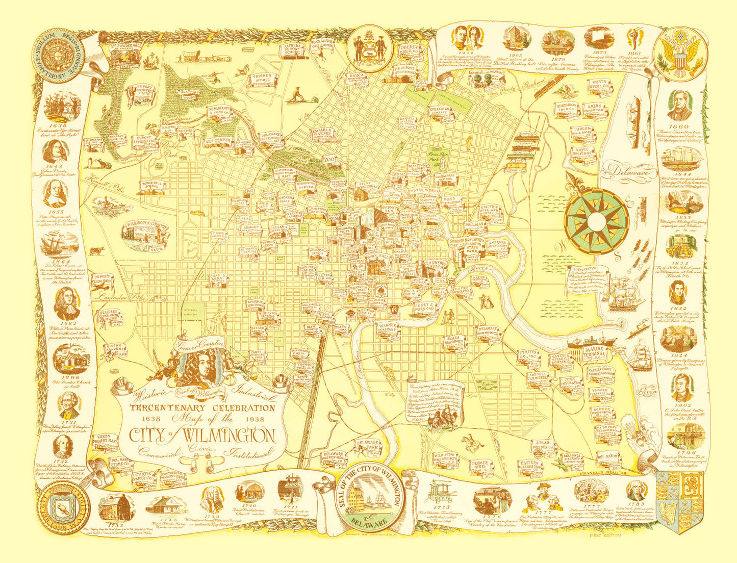 Vintage Map of Wilmington, Delaware 1938