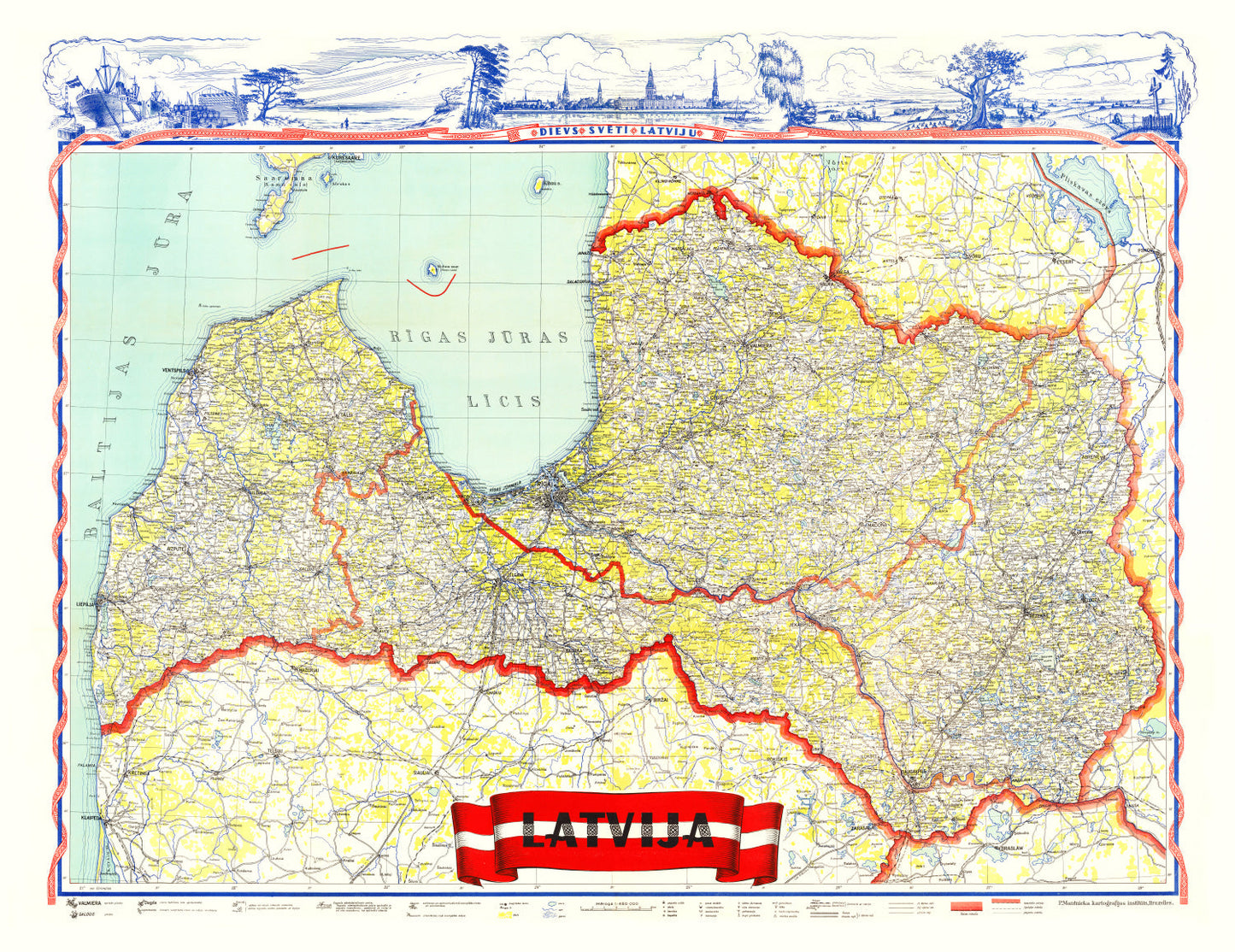 Vintage Map of Latvia 1950