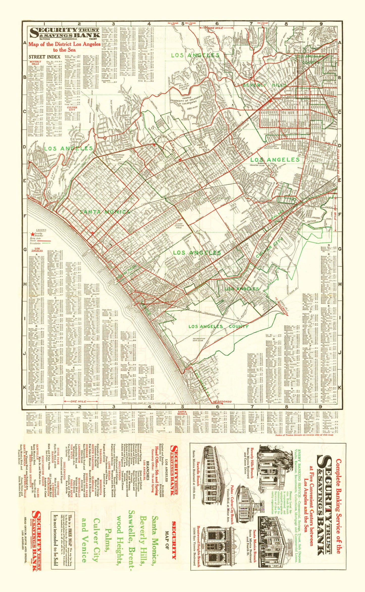 Vintage Map of Los Angeles, California 1926