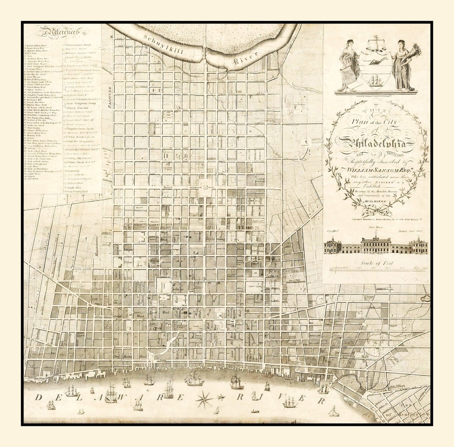 Vintage Map of Philadelphia, Pennsylvania 1819