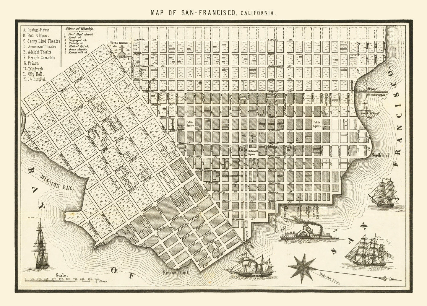 Vintage Map of San Francisco, California 1852