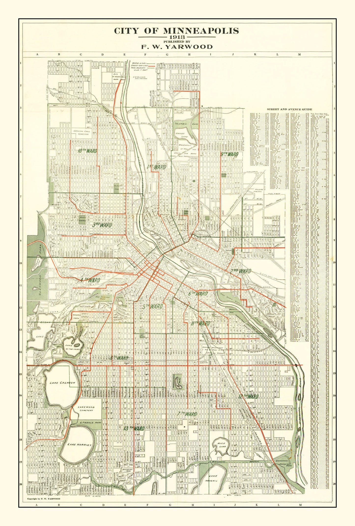 Vintage Map of Minneapolis, Minnesota 1913