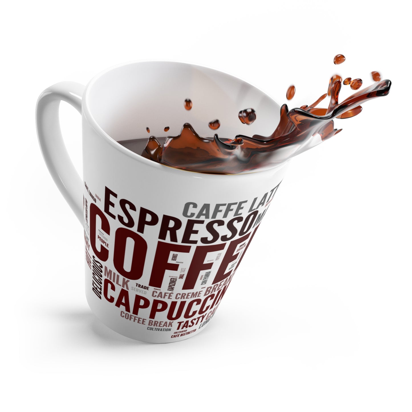 Coffee Word Cloud Latte Mug – Espresso, Cappuccino & Macchiato Design