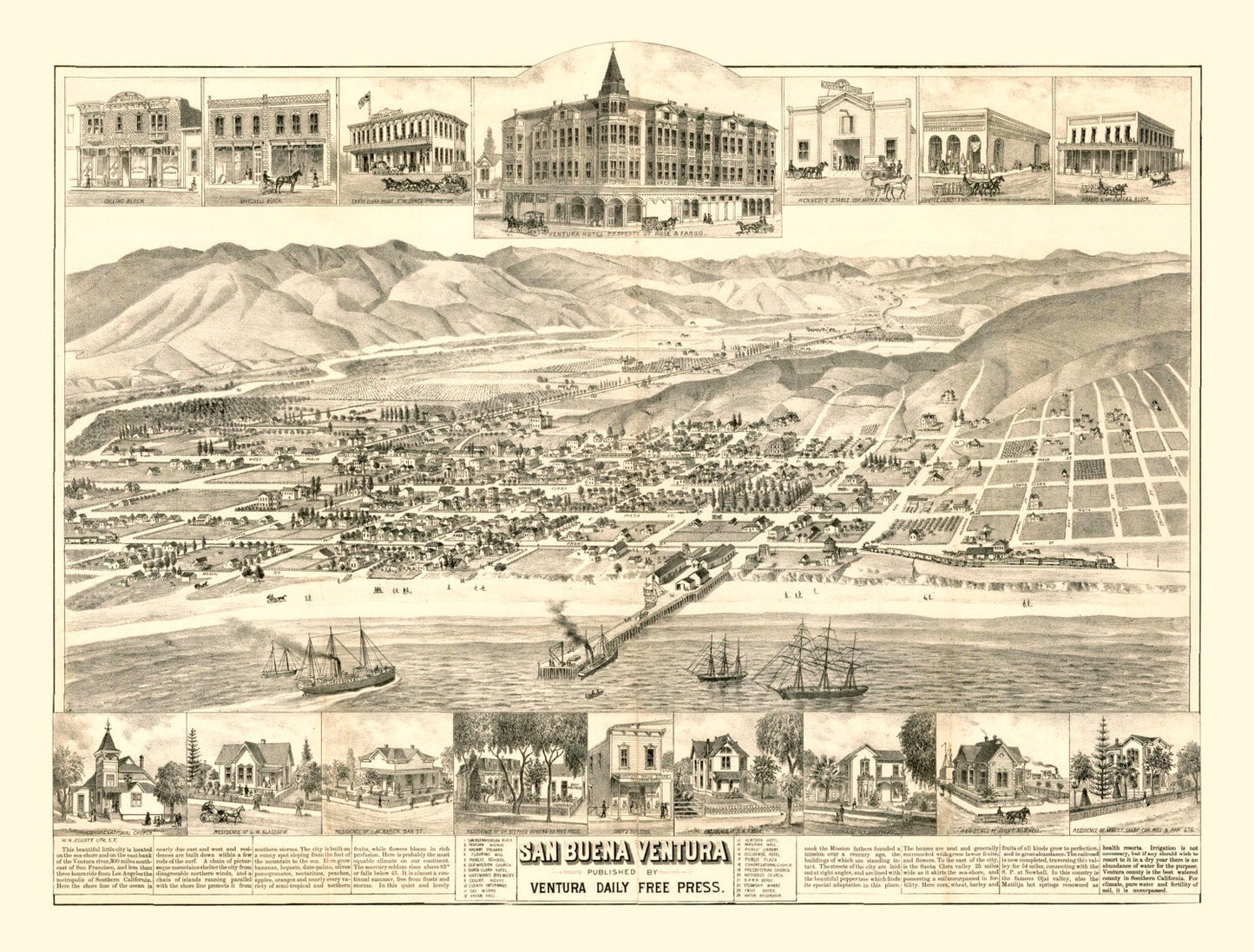 Vintage Map of San Buena Ventura, California 1884