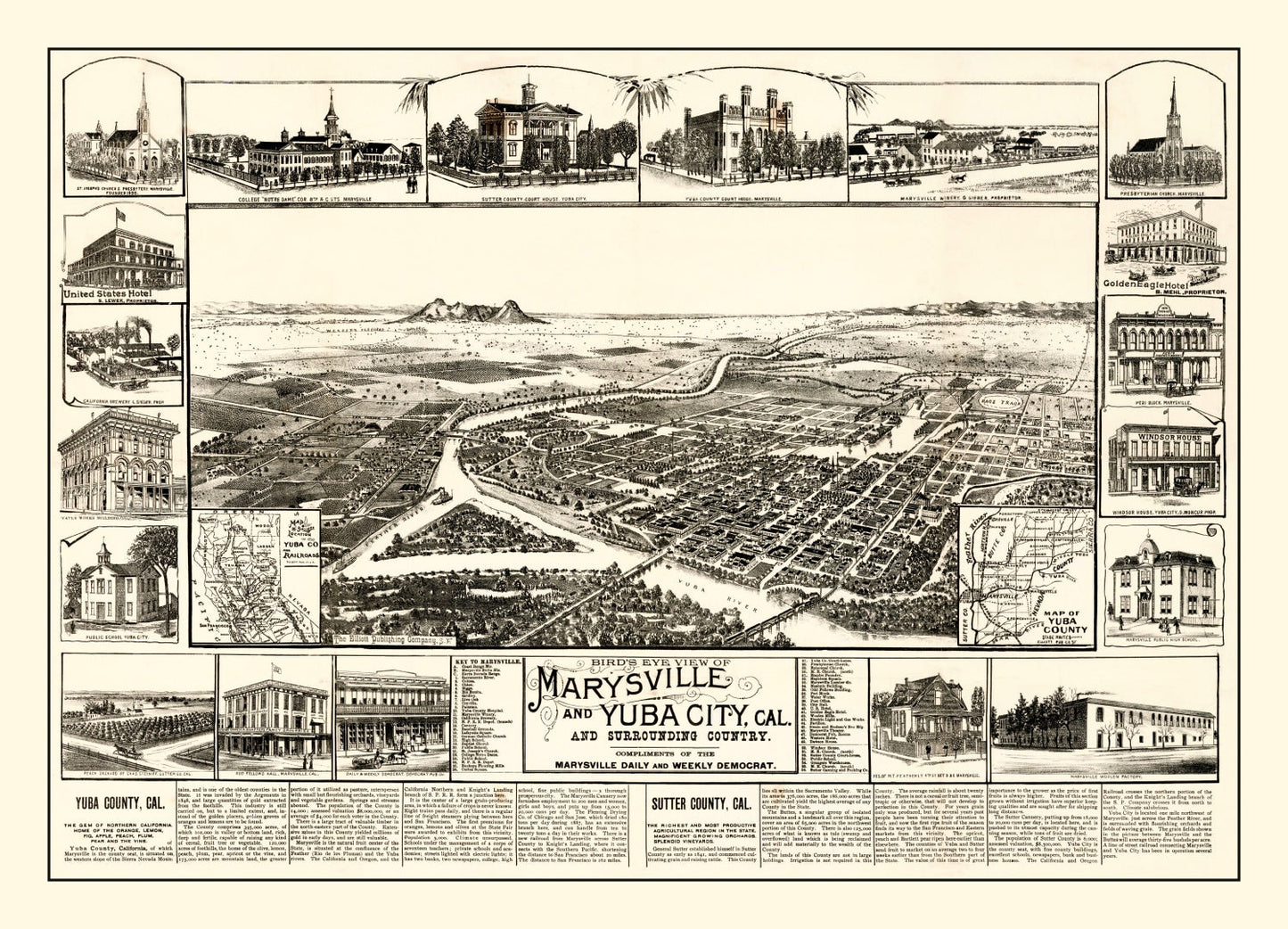 Vintage Map of Marysville & Yuba City, California 1888