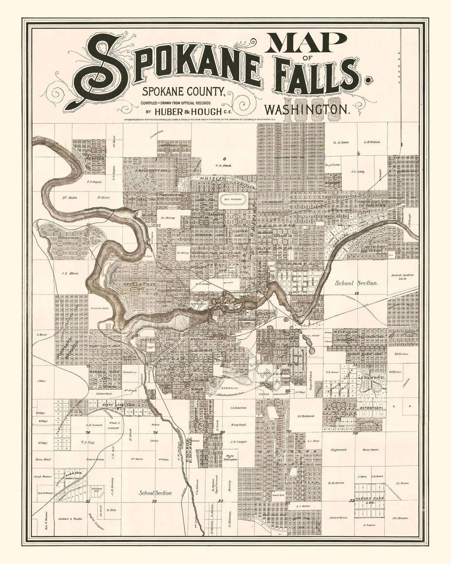 Vintage Map of Spokane Falls, Washington 1889